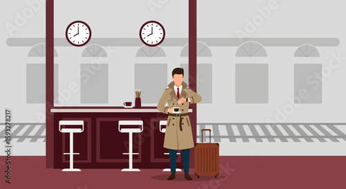 Stylish Traveler Checking Time With Coffee At Train Station Bar