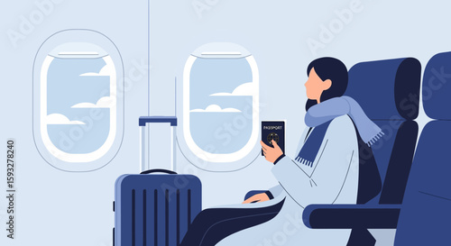 Wallpaper Mural Woman Traveling By Plane, Enjoying Sky View, Passport In Hand, Ready For Adventure Torontodigital.ca