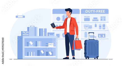Stylish Traveler Enjoying Duty Free Shopping At The Airport With Passport