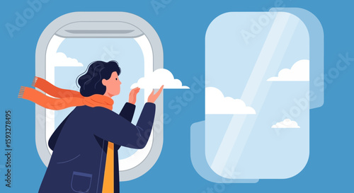 Passengers Imagine Clouds From Airplane Window In Flight High Up In The Sky