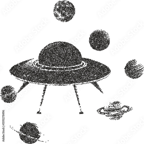 Alien retro y2k stipple design ufo halftone brutalist urban vector png with clear background, extraterrestrial 2000s photocopy grunge tattoo gen z effect