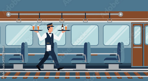 Waiter Serving Drinks And Wine On Train Luxury Experience Illustration