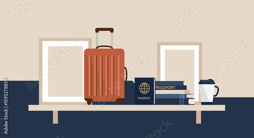 Suitcase And Passport Ready On A Shelf For A New Adventure Trip