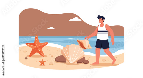 Summer Beach Day With Man Collecting Seashells And Starfish By The Ocean