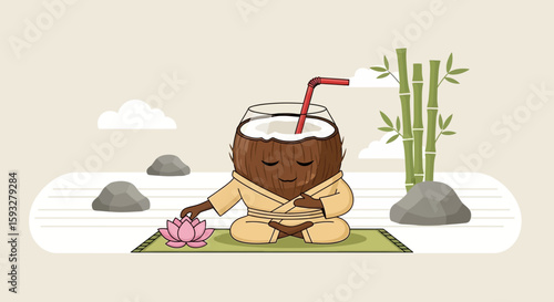 Relaxing Coconut Character Meditating with Lotus Flower in Peaceful Zen Garden