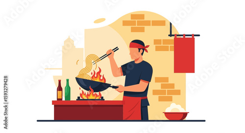 Passionate Chef Cooks Stir Fry Noodles In Wok At An Authentic Restaurant