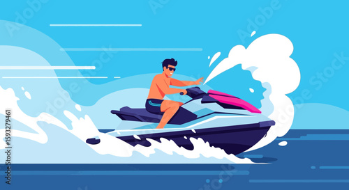 Summer Fun On Water Jet Ski With Man In Sunglasses Splashing With Speed