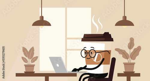 Relaxing Coffee Break Mascot Character Freelancing With Laptop In A Cafe Setting