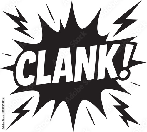 Dynamic 'CLANK!' Comic Book Sound Effect on White Background, Illustrating Impact and Noise in a Bold Graphic Style for Various Creative Projects