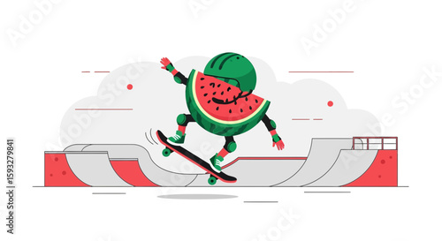 Watermelon Character Doing Tricks On A Skateboard At A Skate Park Illustration