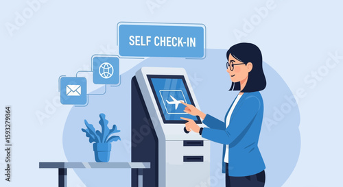 Woman Using Self Check-In Kiosk at Airport for Easy Travel Management
