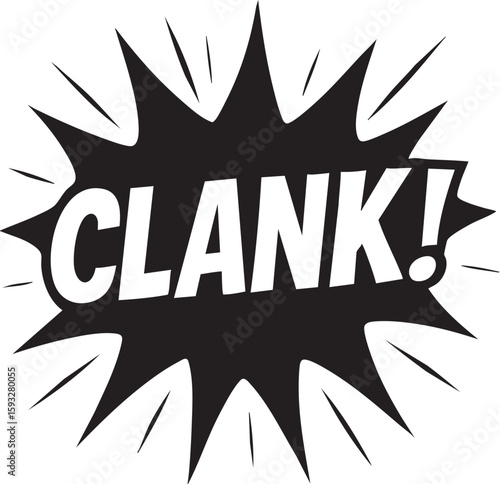 Powerful 'CLANK!' sound effect illustration in a striking comic book style, depicting a sudden metallic impact or collision noise for dynamic visual communication.