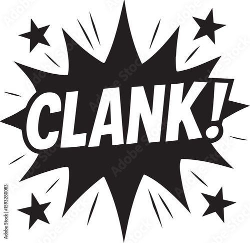 Dynamic Comic Book Style Sound Effect Burst with 'CLANK!' Text, Illustrating Impact and Noise in a Bold Graphic Design for Visual Storytelling
