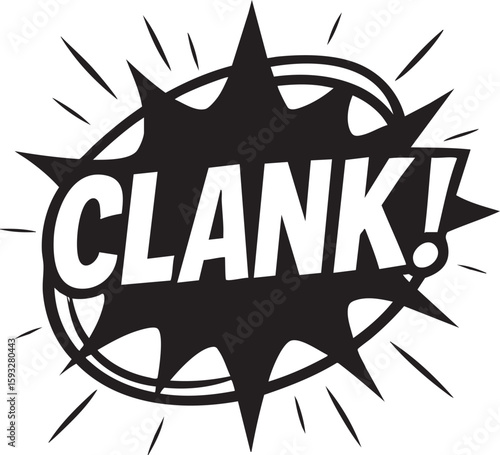 Black and White Clank Comic Burst - Onomatopoeia Graphic for Digital Art