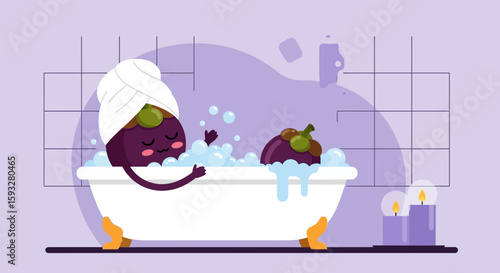 Relaxing Mangosteen Time In The Bathtub With Bubbles And Lit Candles