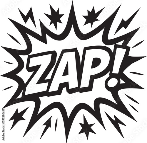 Monochrome comic style 'ZAP!' burst graphic, a powerful visual representation of sudden impact and dynamic energy, ideal for engaging designs.