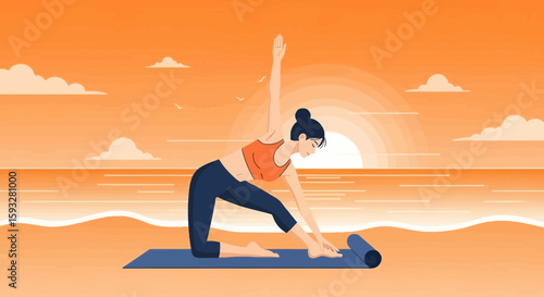 Peaceful Yoga Practice On Sandy Beach At Sunrise Graphic Illustration