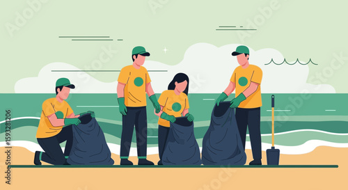 Team Volunteers Cleaning Beach Collecting Trash In Bags For Ocean Conservation