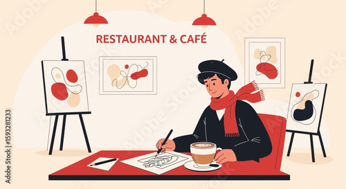 Young Artist Creating Sketches In A Cafe Surrounded By His Artwork On Display