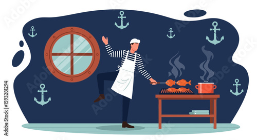 Whimsical Sailor Grilling Fish Onboard A Ship With Anchors Decorations