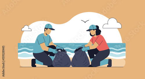 Teamwork In Cleaning Beach Litter With Volunteers For A Sustainable Environment