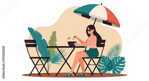 Relaxing Summer Getaway Woman Enjoying a Refreshing Drink Under an Umbrella
