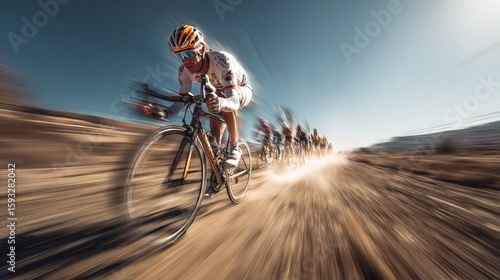 Fast cycling race with dynamic motion blur showing speed of road bikers competing on dusty road