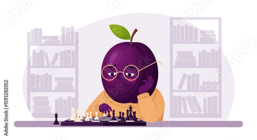 Pensive Plum Plays Chess Alone With Bookshelf In Background At Home