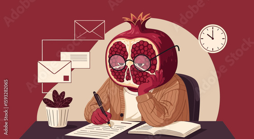 Pensive Pomegranate Character Writes At A Desk In A Literary Setting