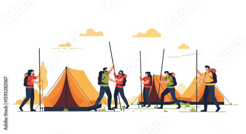 Teamwork Makes The Dream Work Campers Pitching Tents At Campsite Adventure Together