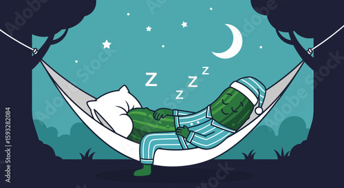 Relaxing Summer Night A Cartoon Pickle Enjoying a Peaceful Nap in Hammock