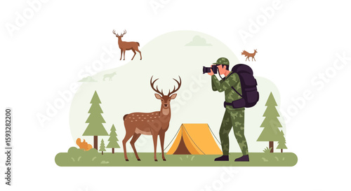 Wildlife Photographer Capturing Deer In Natural Habitat During Camping Adventure