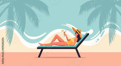 Relaxing Sunny Getaway Woman Enjoying Cocktail On Beach Lounger In Paradise