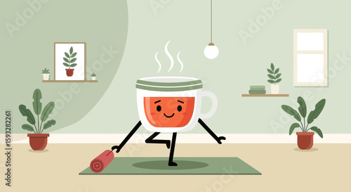 Relaxing Tea Cup In A Yoga Pose Embracing Wellness And Healthy Lifestyle