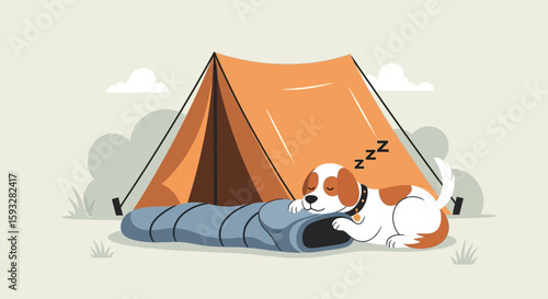 Tired Puppy Snoozing Peacefully At Campsite After A Long Hike In Nature