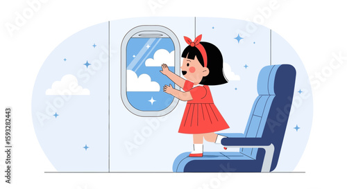Young Girl Looking Out Airplane Window During Flight With Excitement