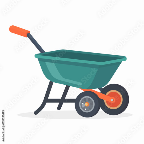 Green garden wheelbarrow with orange accents for gardening and landscaping duties