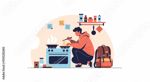 Young Man Cooking Noodles At Home After Coming Back From A Long Trip