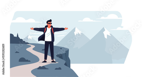 Young Man Enjoying Freedom in The Mountains Scenic View Landscape