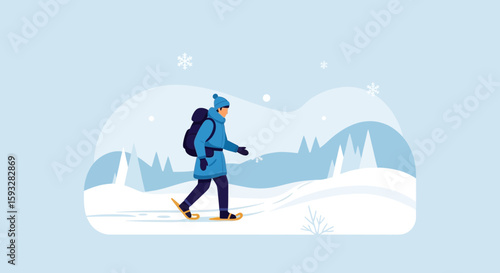 Person Hiking Through Snowy Mountains On Snowshoes In Winter Season Activity