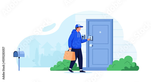 Reliable Delivery Service Man Ringing Doorbell Holding Parcel For Recipient