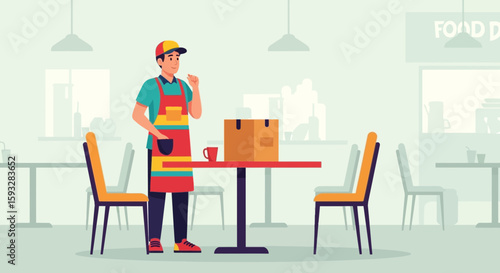 Restaurant Worker Preparing Delivery Order For Courier Service Dispatching