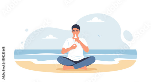 Young Man Meditating on The Beach Sitting in Lotus Position Under Serene Sky