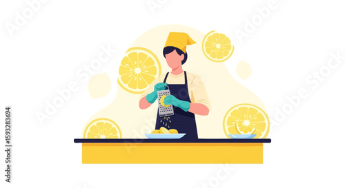 Person Zesting Lemons For Culinary Creation In The Kitchen Illustrated Vector
