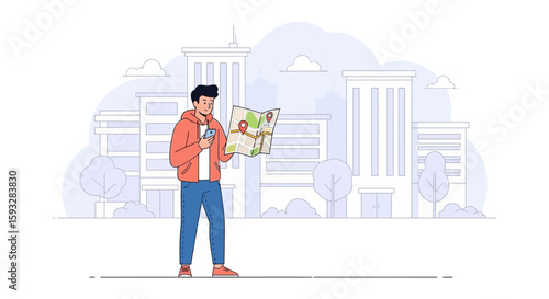 Young Man Navigating the City Streets with a Map and Smartphone Illustration