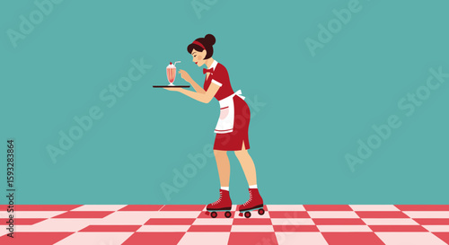 Retro Diner Roller Skating Waitress Serving Milkshake on Tray Background Template