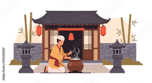 Traditional Asian Man Cooking Over Fire In Front Of A Historic Building