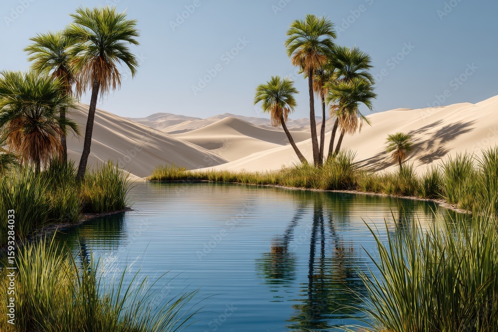 Serene oasis nestled among golden sand dunes under a clear blue sky revealing the beauty of nature's tranquility at sunset Serene oasis nestled among golden sand dunes under a clear blue sky revealing the beauty of nature's tranquility at sunset
