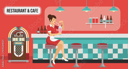 Retro Diner Scene Featuring Waitress Milkshake And Jukebox Vector Illustration