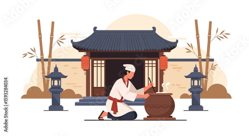 Traditional Chinese Cuisine Preparation In An Ancient Temple Setting Illustration